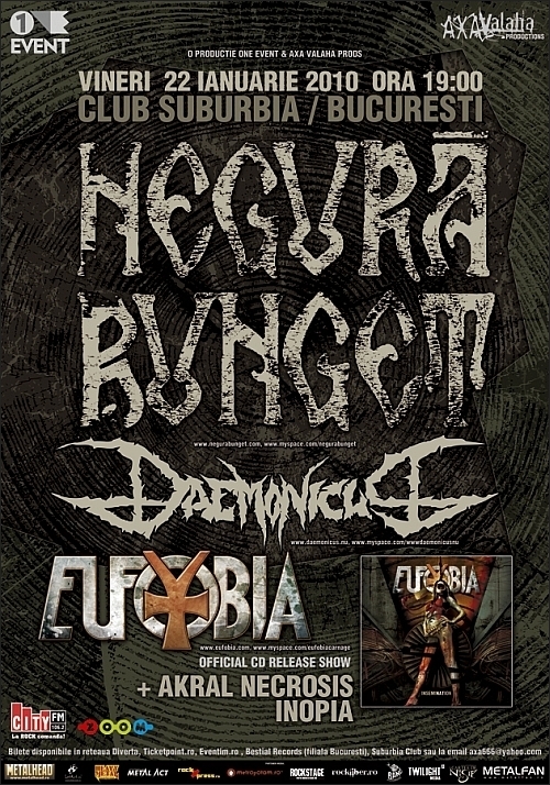 Concert NEGURA BUNGET, DAEMONICUS, EUFOBIA, INOPIA si AKRAL NECROSIS in club Suburbia