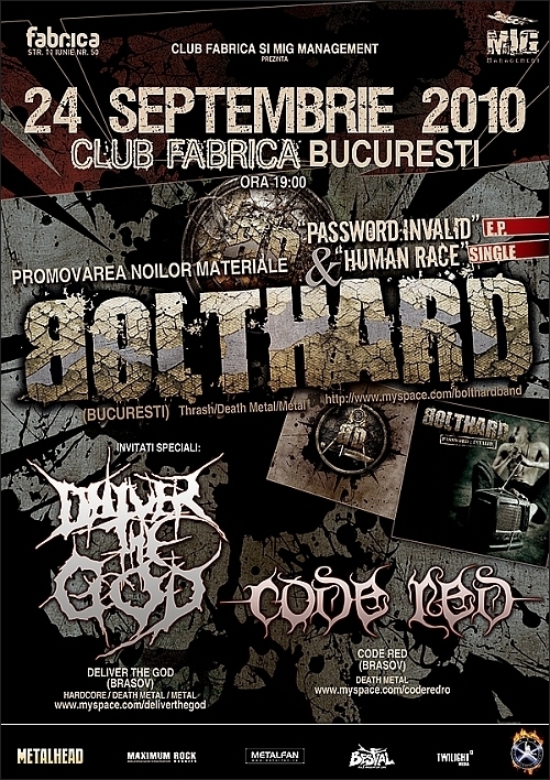 Concert BOLTHARD, Deliver The God, Code Red in Club Fabrica