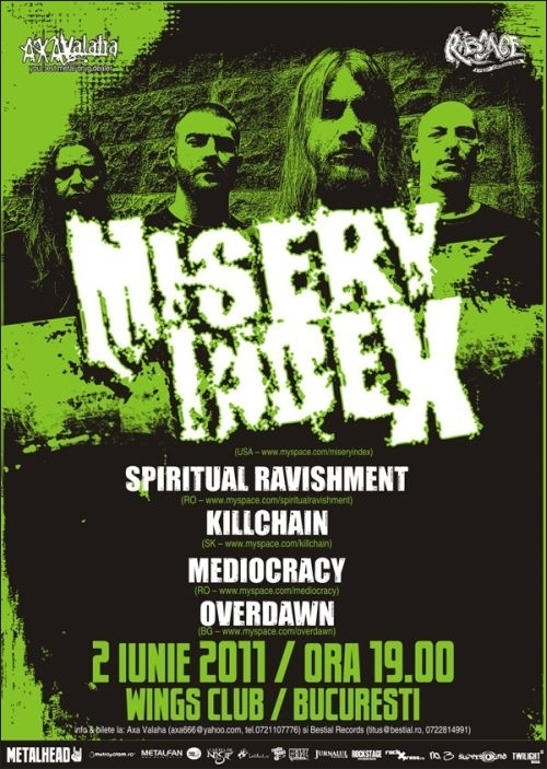 Concert Misery Index, Spiritual Ravishment, Killchain, Mediocracy si Overdawn in Wings Club