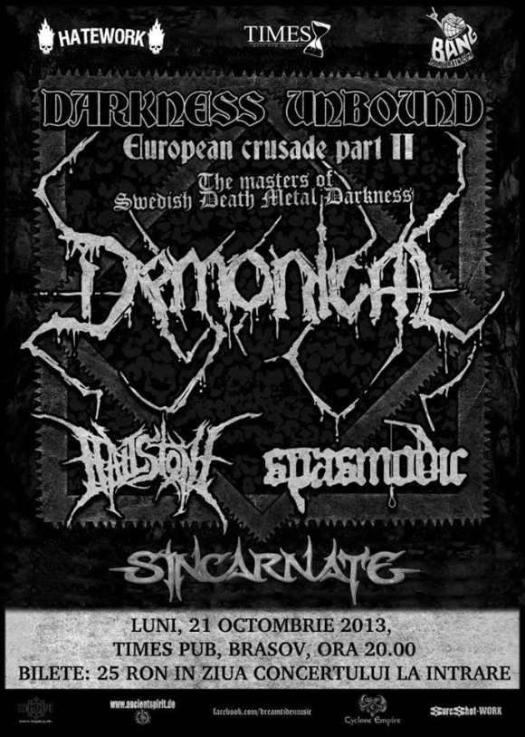 Concert Demonical, Spasmodic, Hailstone si Sincarnate in Times Pub din Brasov