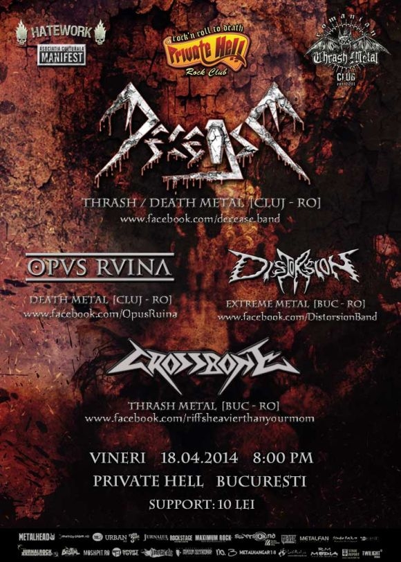 Concert Decease, Distorsion, Crossbone si Opus Ruina in Private Hell din Bucuresti