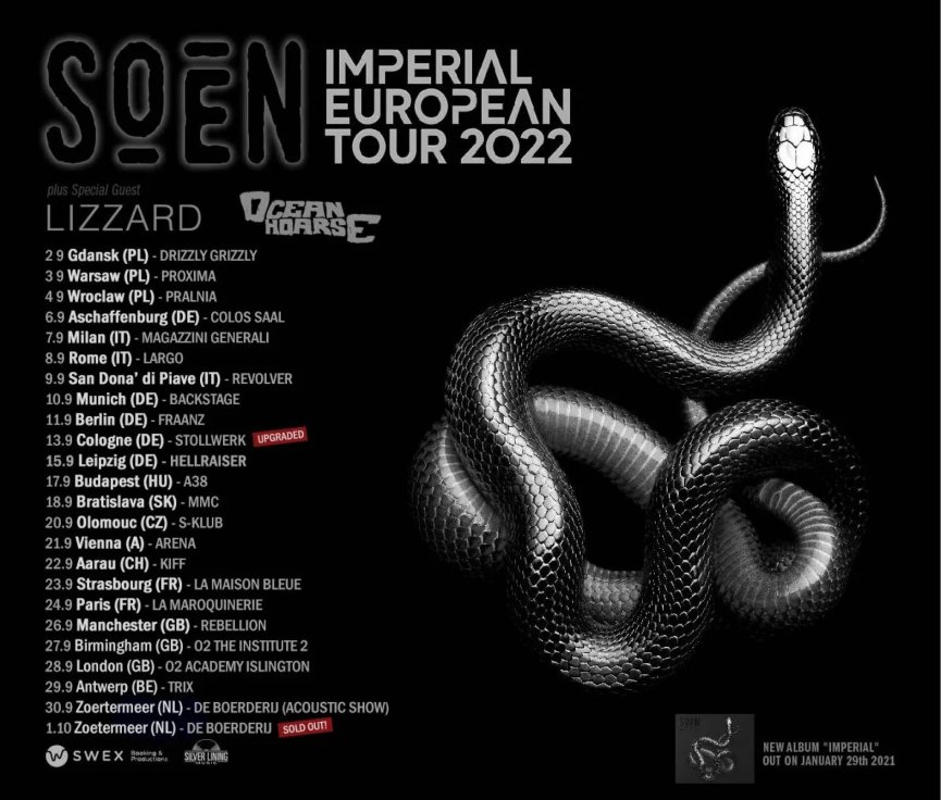 SOEN continua turneul european cu 23 de concerte in luna septembrie