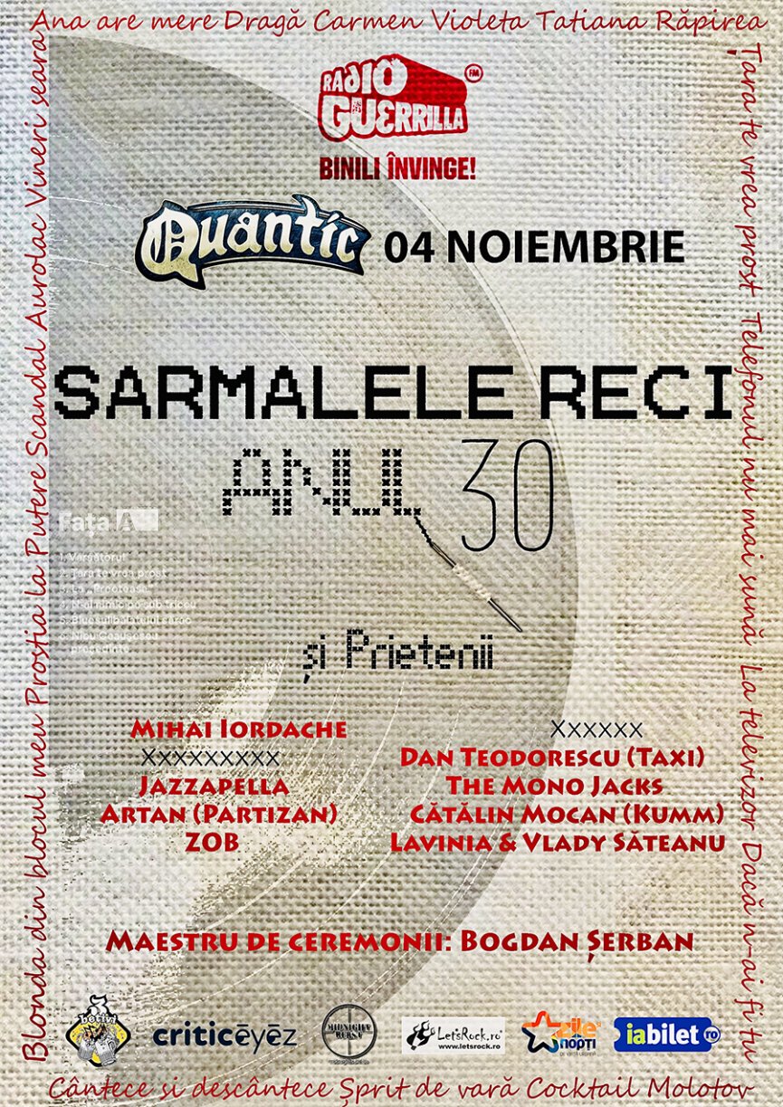 Trupa Sarmalele Reci sarbatoreste 30 de ani de activitate, in club Quantic